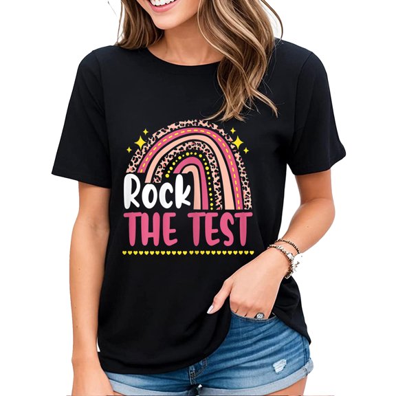 Tshirt for Women Rainbow Leopard Teacher Testing Day Shirt Test Day Rock The Test Casual Short-sleeved Tops Black Small