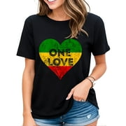 Tshirt for Women Reggae Heart One Love Caribbean Reggae Music Jamaica Pride Casual Short-sleeved Tops Black 3X-Large