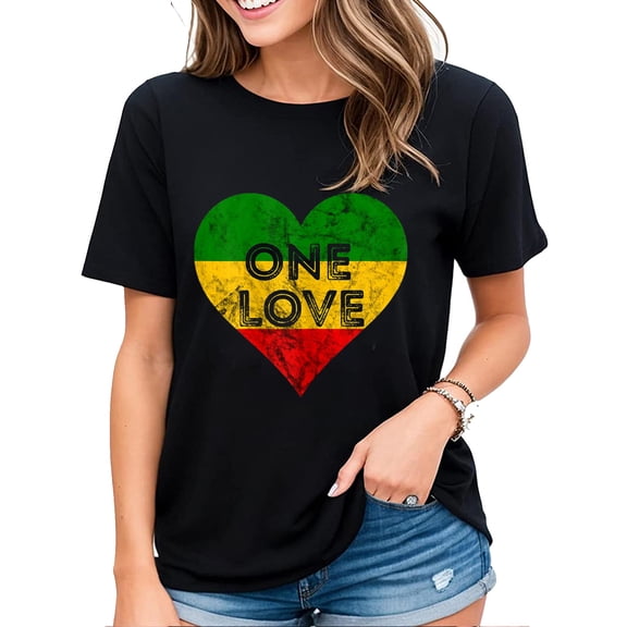 Tshirt for Women Reggae Heart One Love Caribbean Reggae Music Jamaica Pride Casual Short-sleeved Tops Black Medium