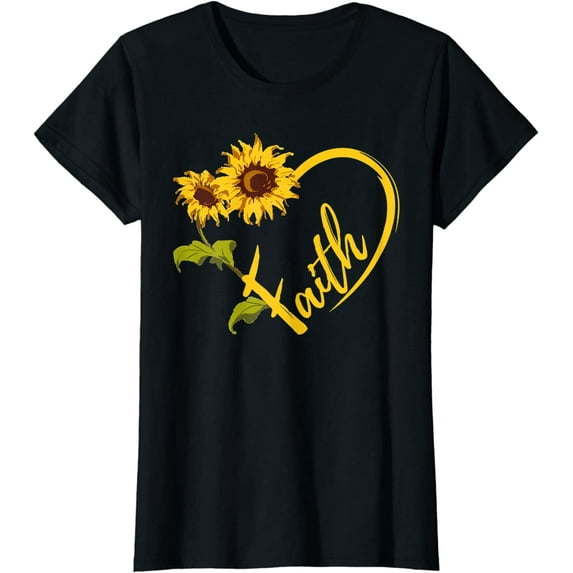 Tshirt for Women Sunflower Heart Christian Faith Graphics Flower Gift Casual Short Sleeve Tops Black Small