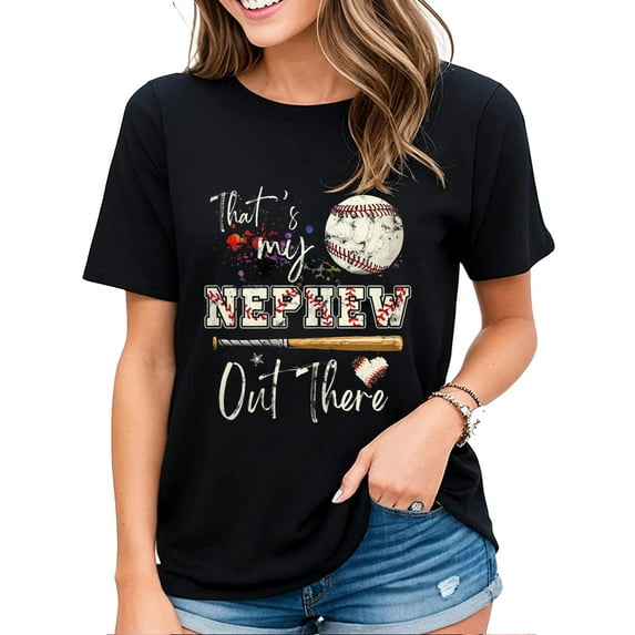 Tshirt for Women That's My Nephew Out There Baseball Family Gift Casual Short-sleeved Tops Black 4X-Large