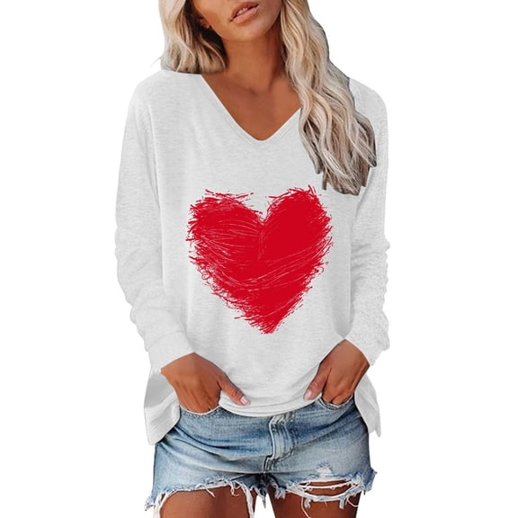 Tshirt for Women Valentine's Day Heart Print V Neck Long Sleeve T Shirt for Women Elegant Lightweight Breathable Casual Top White M