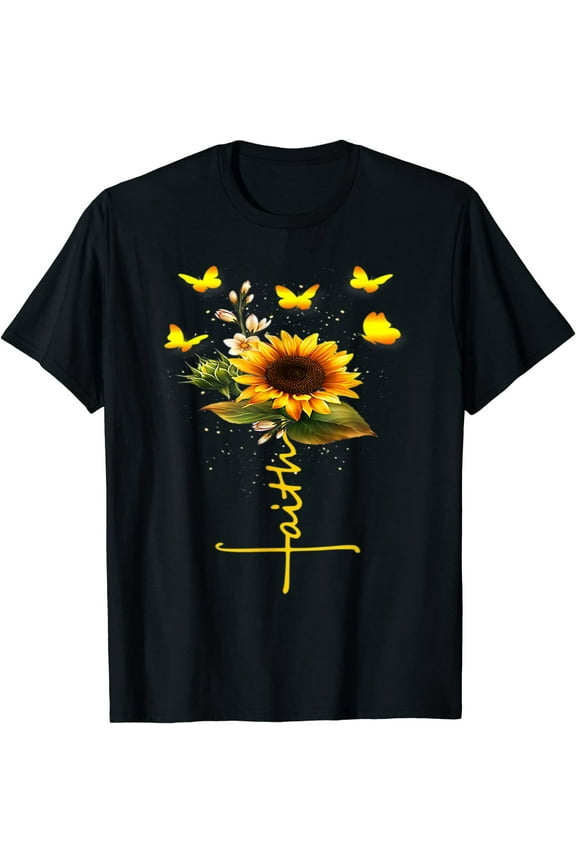 Tshirt for Women Vintage Faith Cross Sunflower Butterflies Flowers Christians Casual Short Sleeve Tops Black Large