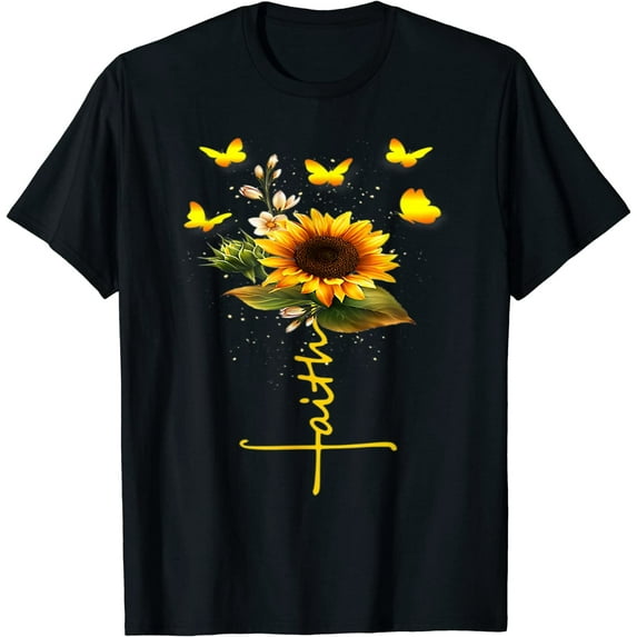 Tshirt for Women Vintage Faith Cross Sunflower Butterflies Flowers Christians Casual Short Sleeve Tops Black Medium
