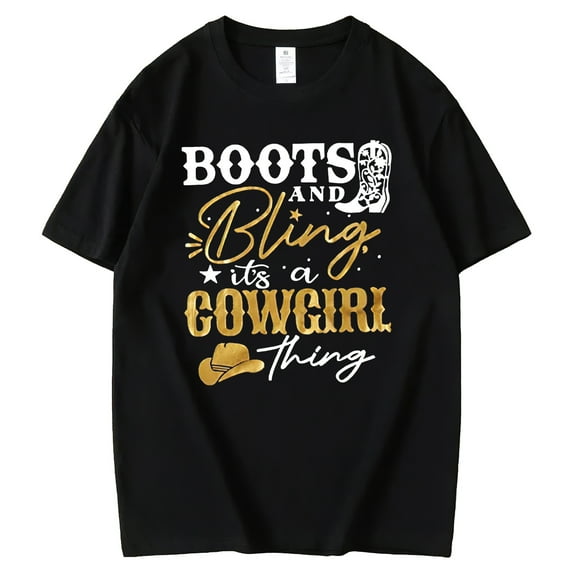 Tshirt for Women Western Country Life Graphic Boots and Bling It's a Cowgirl Thing Print Casual Short Sleeve Tops Black Medium