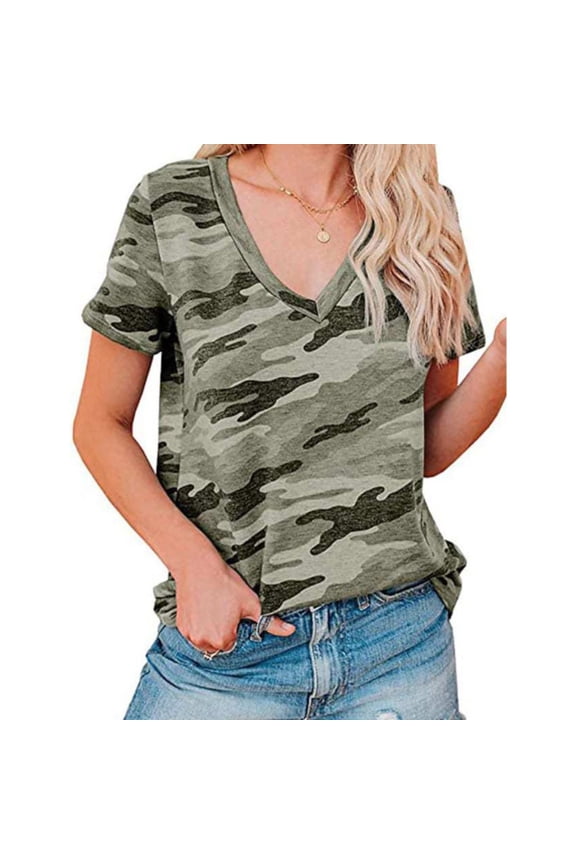 Tshirt for Women Women's Casual Leopard Camo Print V Neck Short Sleeve T Shirt Top Army Green S