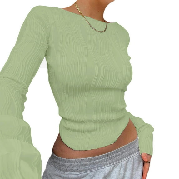 Tshirts For Women Autumn Winter Knit Solid Color Crew Neck Long Sleeve Retro Sexy Slim Crop Tops Tee Shirts Activewear