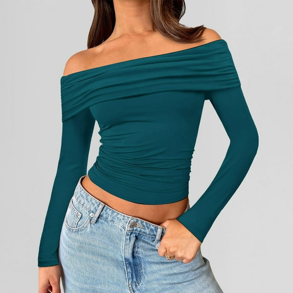 Tshirts For Women Autumn Winter Solid Color Off Shoulder Long Sleeve Crop Sexy Slim Fashion Tops Tee Shirts Daily-Wear