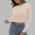 thumbnail image 1 of Tshirts For Women Autumn Winter Solid Color Round Neck Long Sleeve Knit Ribbed Crop Casual Basic Tops T-Shirts Sportwear, 1 of 9