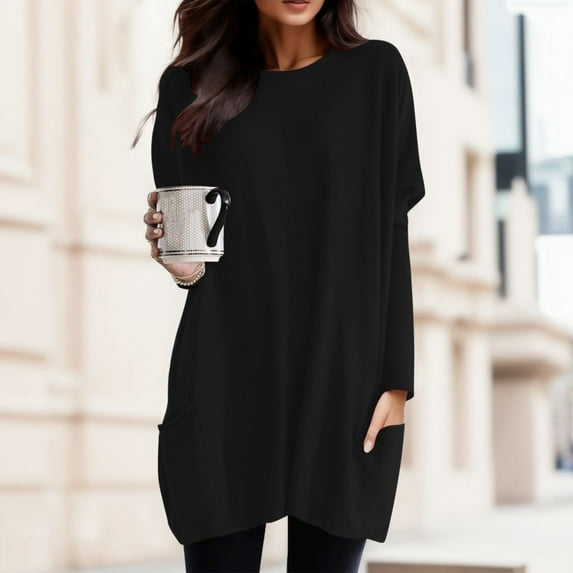 Tshirts For Women Autumn Winter Solid Color Round Neck Puff Long Sleeve Pocket Tops T Shirts Outwear