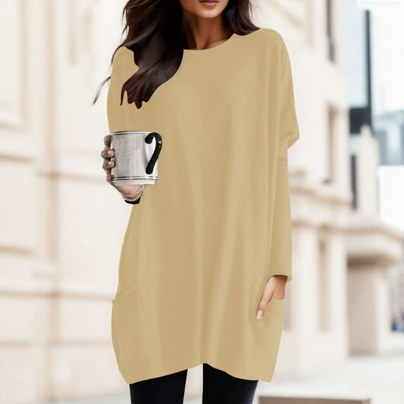 Tshirts For Women Autumn Winter Solid Color Round Neck Puff Long Sleeve Pocket Tops T Shirts Outwear