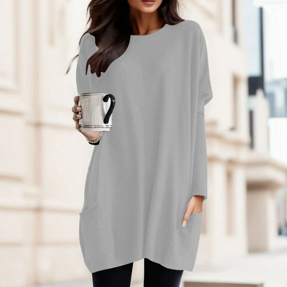 Tshirts For Women Autumn Winter Solid Color Round Neck Puff Long Sleeve Pocket Tops T Shirts Outwear