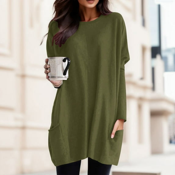 Tshirts For Women Autumn Winter Solid Color Round Neck Puff Long Sleeve Pocket Tops T-Shirts Sportwear