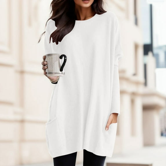 Tshirts For Women Autumn Winter Solid Color Round Neck Puff Long Sleeve Pocket Tops T-Shirts Sportwear