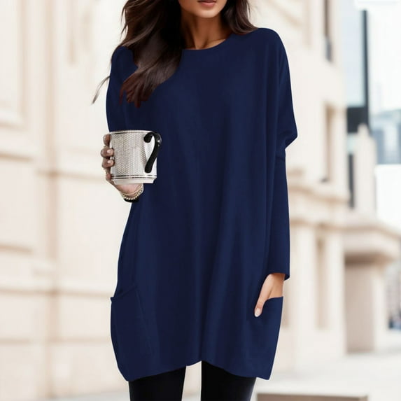 Tshirts For Women Autumn Winter Solid Color Round Neck Puff Long Sleeve Pocket Tops Tee Shirts Daily-Wear