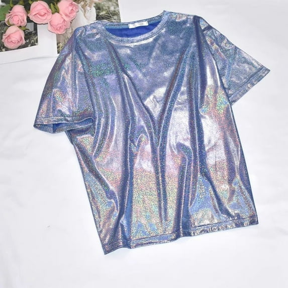 Tshirts For Women Bright Silk Shiny Solid Color Round Neck Short Sleeve Fashion Casual Tops Pullover T Shirts Holiday Wear,Blue,XXL