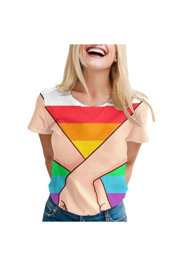 Tshirts For Women Casual Rainbow Stripe Print Short Sleeve O Neck Ladies Tops Clothing Tee Shirts Workwear