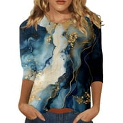 Tshirts For Women Casual Round Neck Three Quarter Sleeve Retro Floral Printed Casual T Shirts Outwear Ladies Tops Clothing