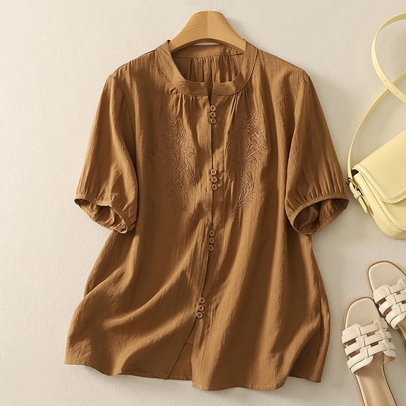 Tshirts For Women Embroidered Solid Color 3/4 Sleeve Round Neck Button Down Blouse Womens Blouse Coffee XL