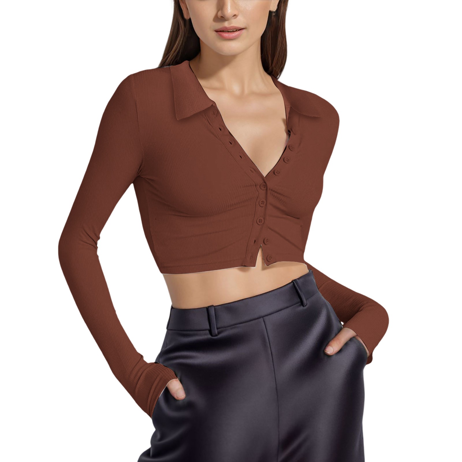 Tshirts For Women Long Sleeve Button V Neck Solid Color Ladies Tops