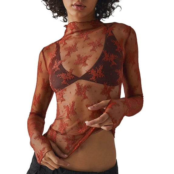 Tshirts For Women Mesh See Through Floral Embroidery Round Neck Long Sleeve Slim Tunic Tops Pullover Tee Shirts Daily-Wear,Red,M