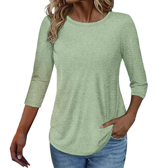 Tshirts For Women Solid Color Casual 3/4 Sleeve Round Neck Cute Tunic Summer Basic Fall Loose Fit Tops Pullover Tee Shirts Activewear,Green,L