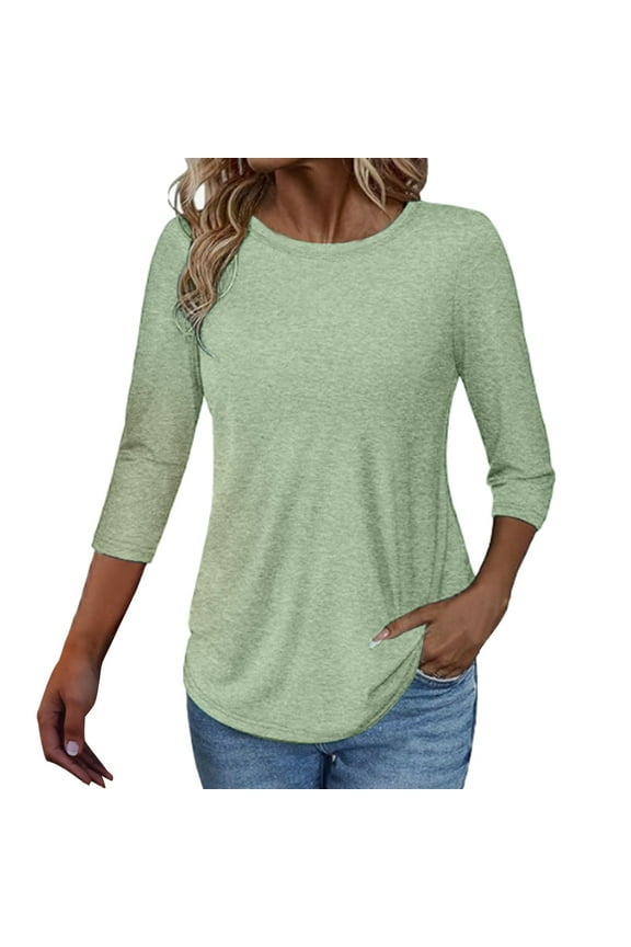 Tshirts For Women Solid Color Casual 3/4 Sleeve Round Neck Cute Tunic Summer Basic Fall Loose Fit Tops Pullover Tee Shirts Activewear,Green,L