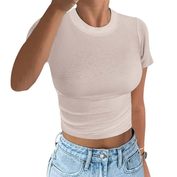 Tshirts For Women Solid Color Crew Neck Slim Fit Short Sleeve Sports Fitness Tunic Tops Pullover Tee Shirts Activewear,Beige,L