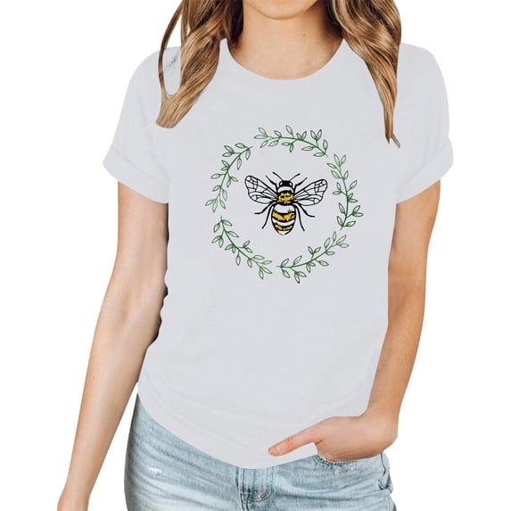 Tshirts For Women Solid Color Loose Round Neck Bee Printed Short Sleeved Ladies Tops Clothing T Shirts Outwear