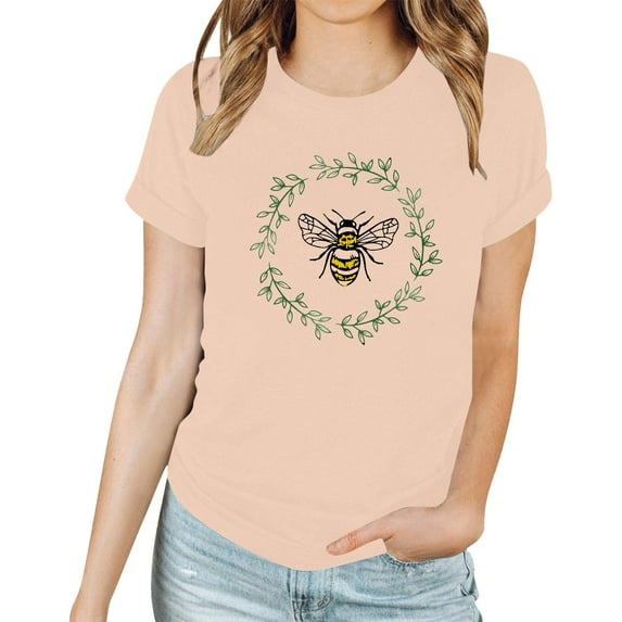Tshirts For Women Solid Color Loose Round Neck Bee Printed Short Sleeved Ladies Tops Clothing Tee Shirts Streetwear