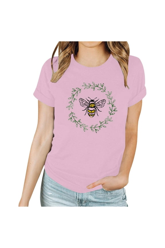 Tshirts For Women Solid Color Loose Round Neck Bee Printed Short Sleeved Ladies Tops Clothing Tee Shirts Streetwear