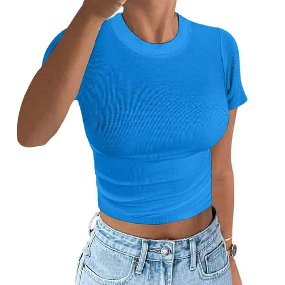 Tshirts For Women Solid Color Round Neck Short Sleeve Slim Fit Crop Sports Workout Yoga Tunic Fitness Tops Pullover T Shirts Holiday Wear,Blue,XXL