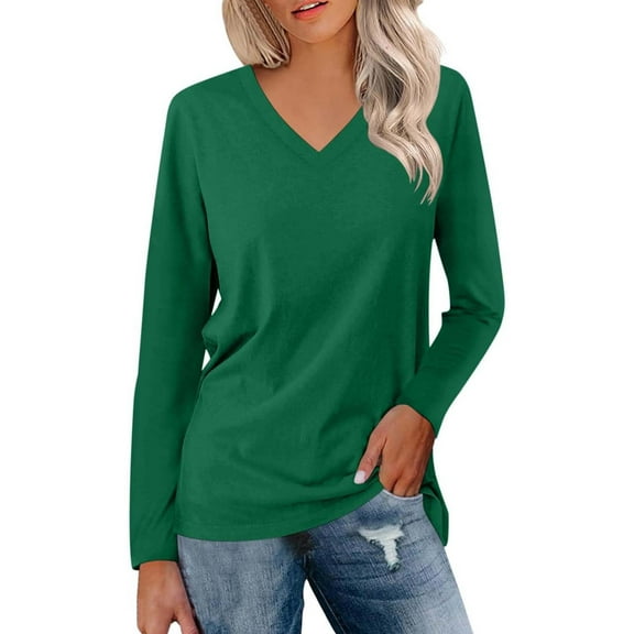 Tshirts For Women Solid Color V Neck Long Sleeve Casual Tops Pullover Tee Shirts Activewear,Green,L