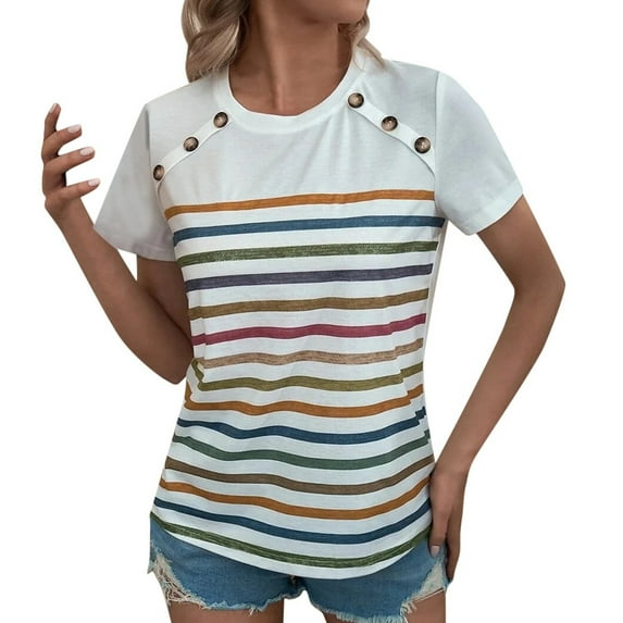 Tshirts For Women Striped Digital Printed Button Multi Color Short Sleeve Loose Summer Ladies Tops Clothing Beachwear