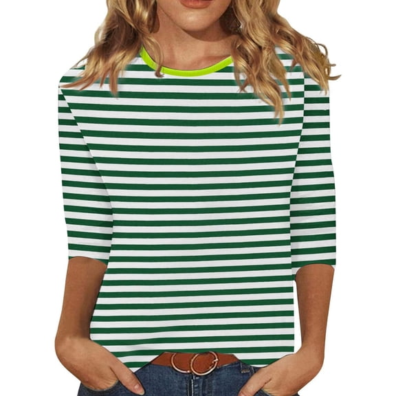 Tshirts For Women Summer Casual Striped Elbow Length Loose Fit Crew Neck Comfortable Breathable Tshirt