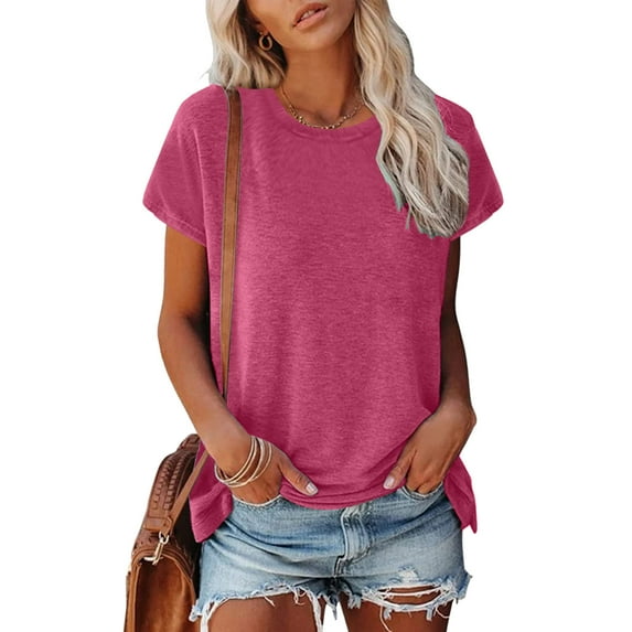 Tshirts For Women Summer Solid Color Round Neck Short Cap Sleeve Loose Fit Casual Tops Pullover T-shirts Sportwear,Pink,XXL
