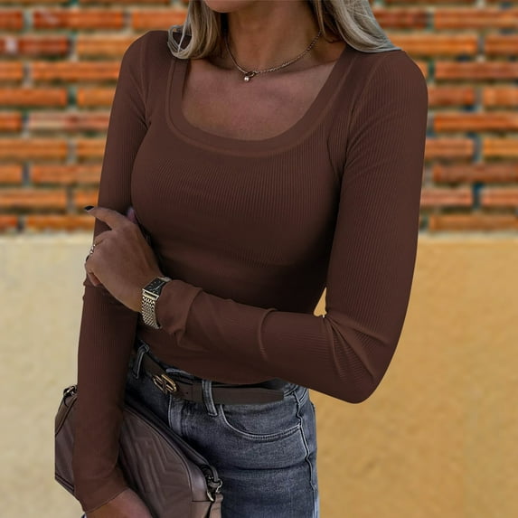 Tshirts For Women Summer Solid Color Square Collar Long Sleeve Slim Tunic Casual Tops Pullover Tee Shirts Activewear,Brown,XL