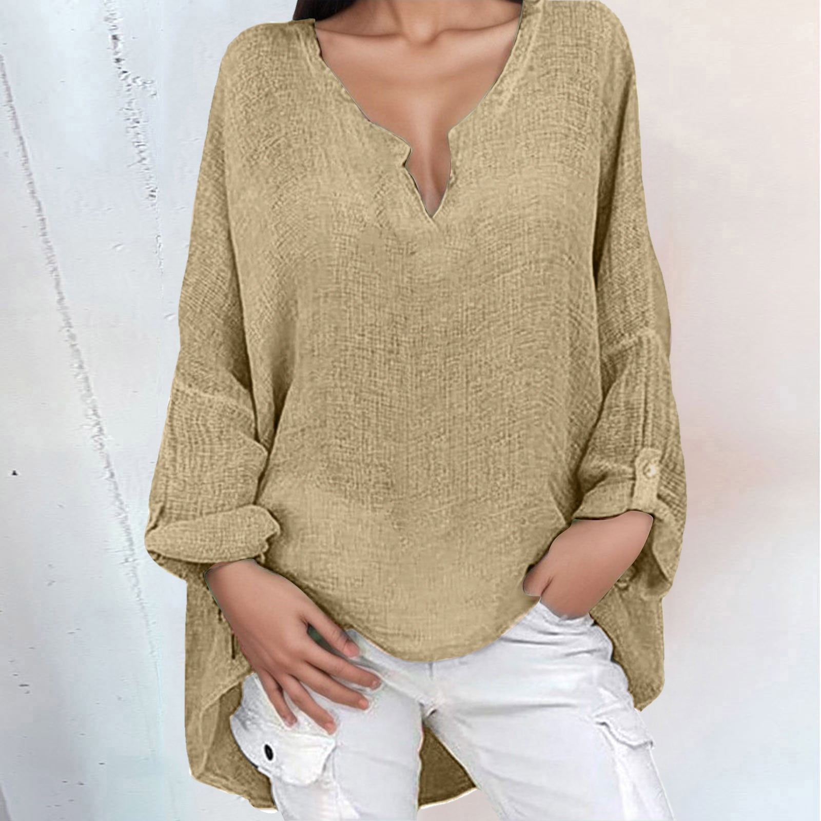 Women Summer Casual Pure Color Cotton V Neck T Shirt