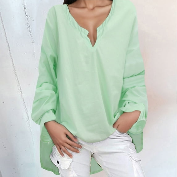 Tshirts For Women Summer Solid Color V Neck Long Sleeve Casual Tops Daily-Wear