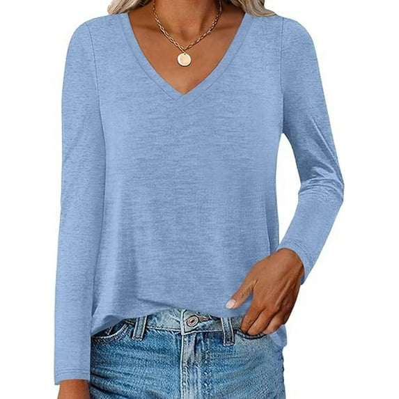 Tshirts For Women Summer V Neck Solid Color Long Sleeve Fashion Comfortable Casual Fit Tops Pullover Tee Shirts Daily-Wear,Blue,L
