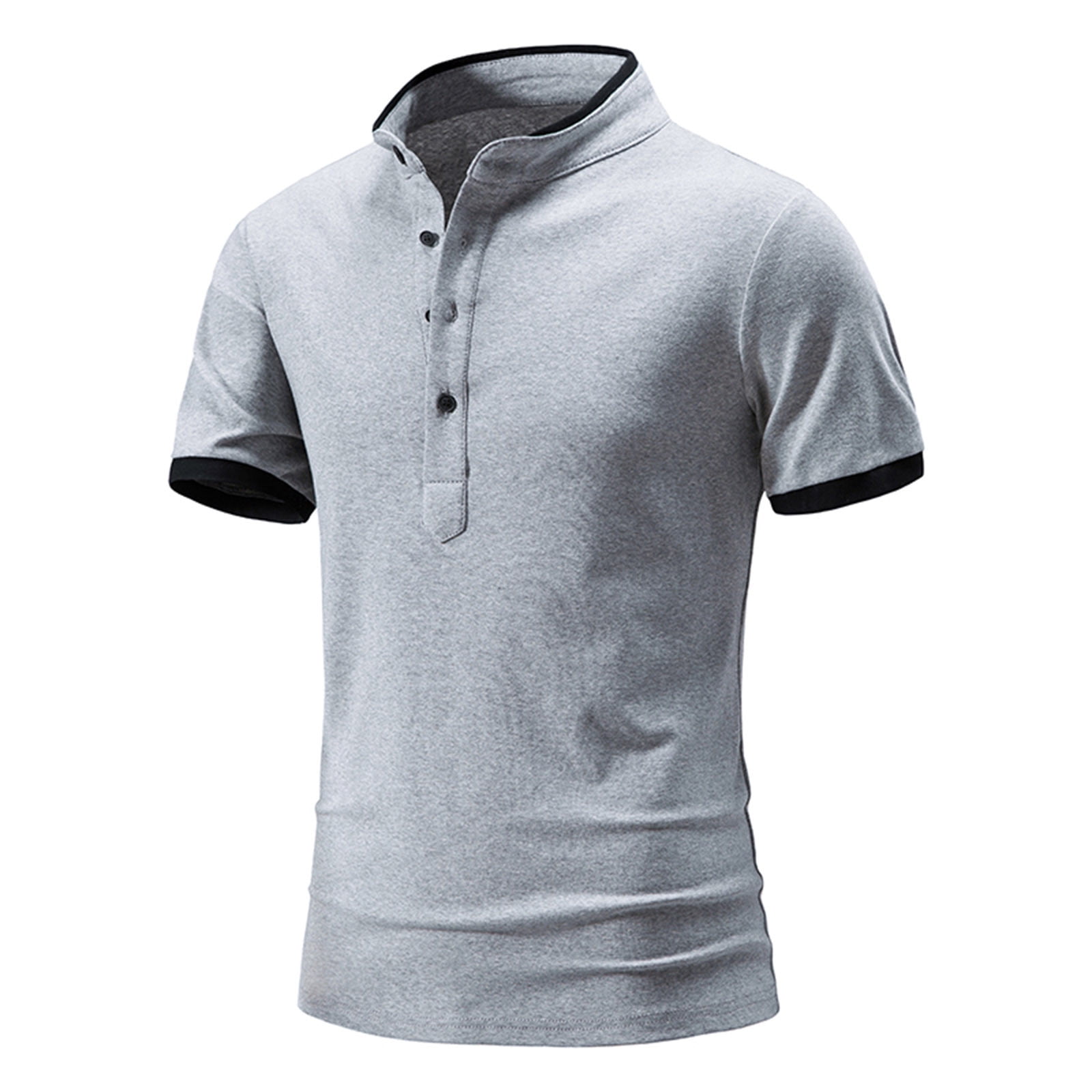 Men Casual T-shirt Solid Short Sleeve Stand Collar Buttons Pullover Blouse  Tops Vocation T-Shirt,Dark Gray,L 