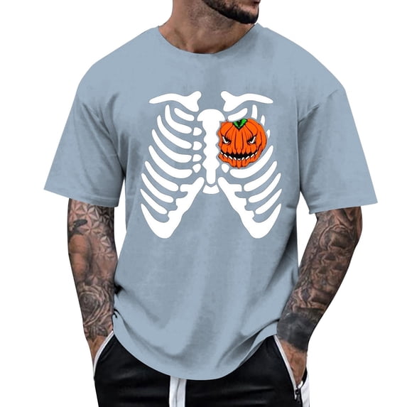 Tshirts Shirts For Men White Bone Pumpkin Heart Print Novelty Halloween Short Sleeve Crew Neck Tops Casual Loose Mens T-Shirts Sky Blue M