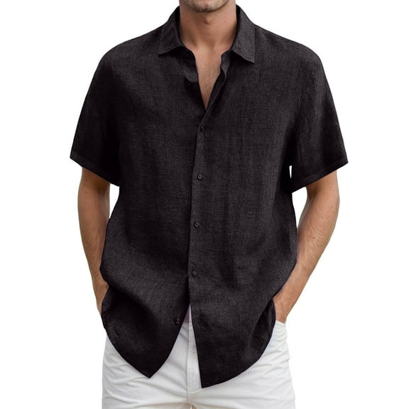 Tshirts Shirts for Men,Linen Shirt Short Sleeve Shirt Button Up Loose Fit everyday wear Solid Color Linen Shirt for Spring Summer Fall,Mens Polo Shirts,S,Black
