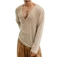 thumbnail image 1 of Tshirts Shirts for Men Thin Deep V Neck Long Sleeve Loose Fit Breathable Lightweight Casual Basic Tees Comfortable Stretchy Soft Lounge Men Shirts Khaki M, 1 of 4