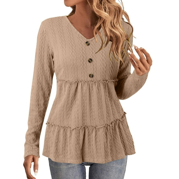 Outfits for Teachers,2025 Trendy Blouses,Women's Casual Peplum Tops V Neck Long Sleeve Knit Ruffle Hem Tunic Shirts Fall Winter 2025(Size:S)