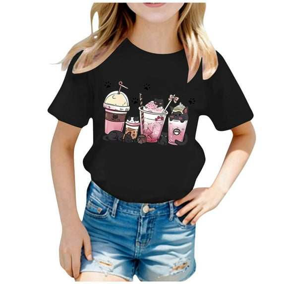 Tshirts Shirts for Girls Cute Print Round Neck Short Sleeve Summer Leisure Loose Casual Tops