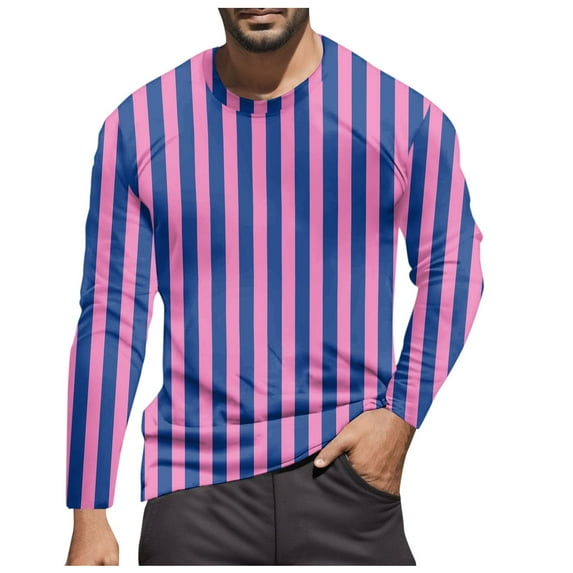 Tshirts Shirts for Men Crew Neck Casual Striped Color Blocked Long Sleeve Tees Stretchy Basic Trendy Fall Warm Men Shirts Pink S