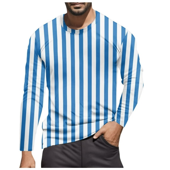 Tshirts Shirts for Men Crew Neck Casual Striped Color Blocked Long Sleeve Tees Stretchy Basic Trendy Fall Warm Men's Shirts Blue L