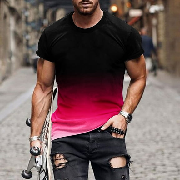 Tshirts Shirts for Men M-5XL Big & Tall Short Sleeve Plus Size Pullover Tees Tops Crewneck Casual Gradient Printed Basic Comfort Shirt