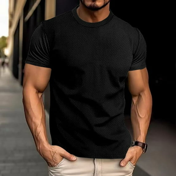 Tshirts Shirts for Men, Man Solid-Color Casual Elastic Sports Short Sleeve Round-Neck Top